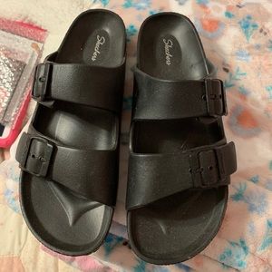 Ladies Blk Skechers 2 Strap Buckle Slides ~ New 8
